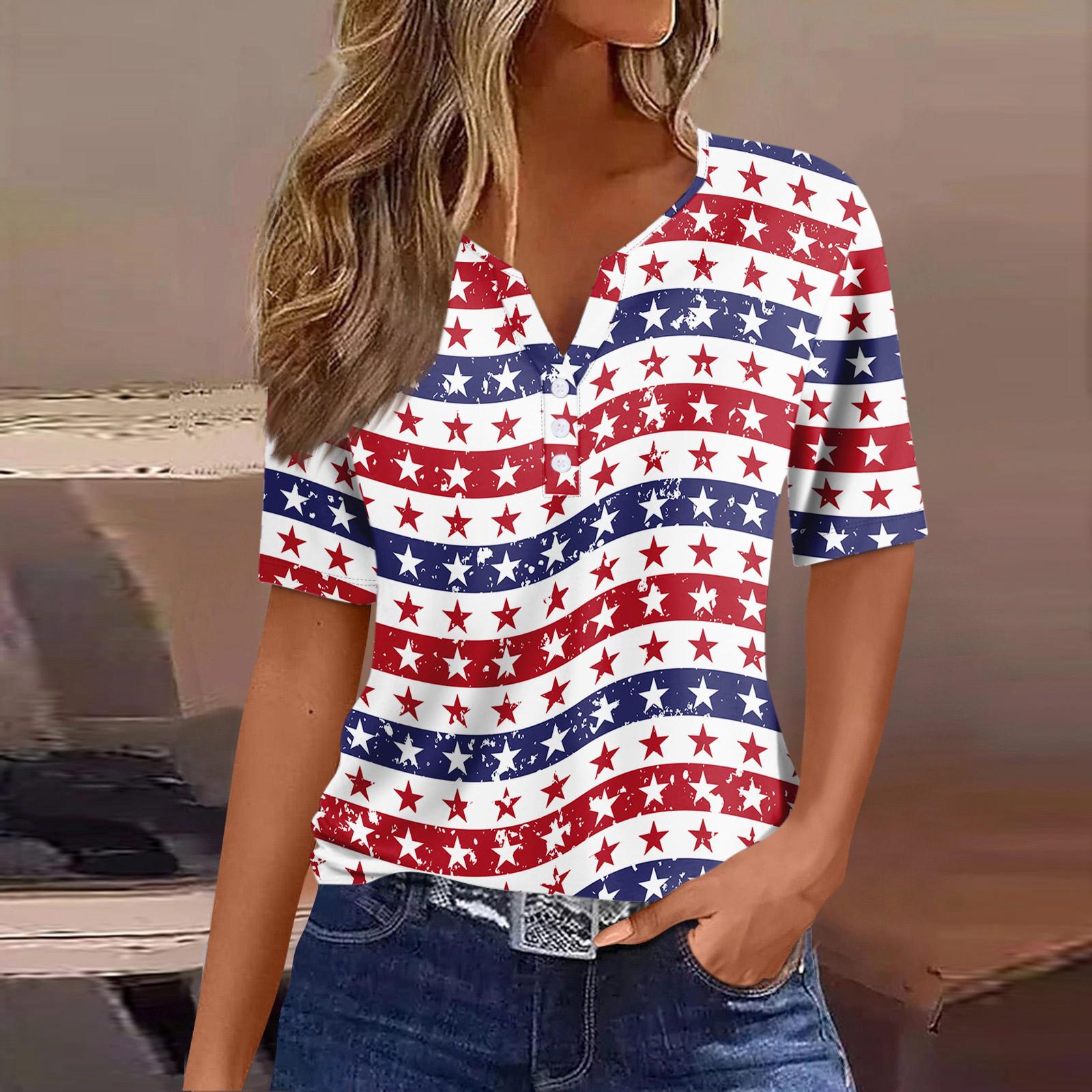 

Женская повседневная футболка с v-образным вырезом и короткими рукавами, украшенная пуговицами, с принтом в честь Дня независимости, топ S красный