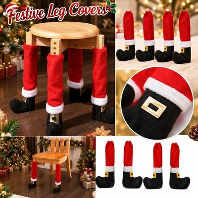 Christmas Chair Leg Covers - Plush Table Foot Protectors for Restaurant Bar Chairs - Includes Wine Bottle Decoration