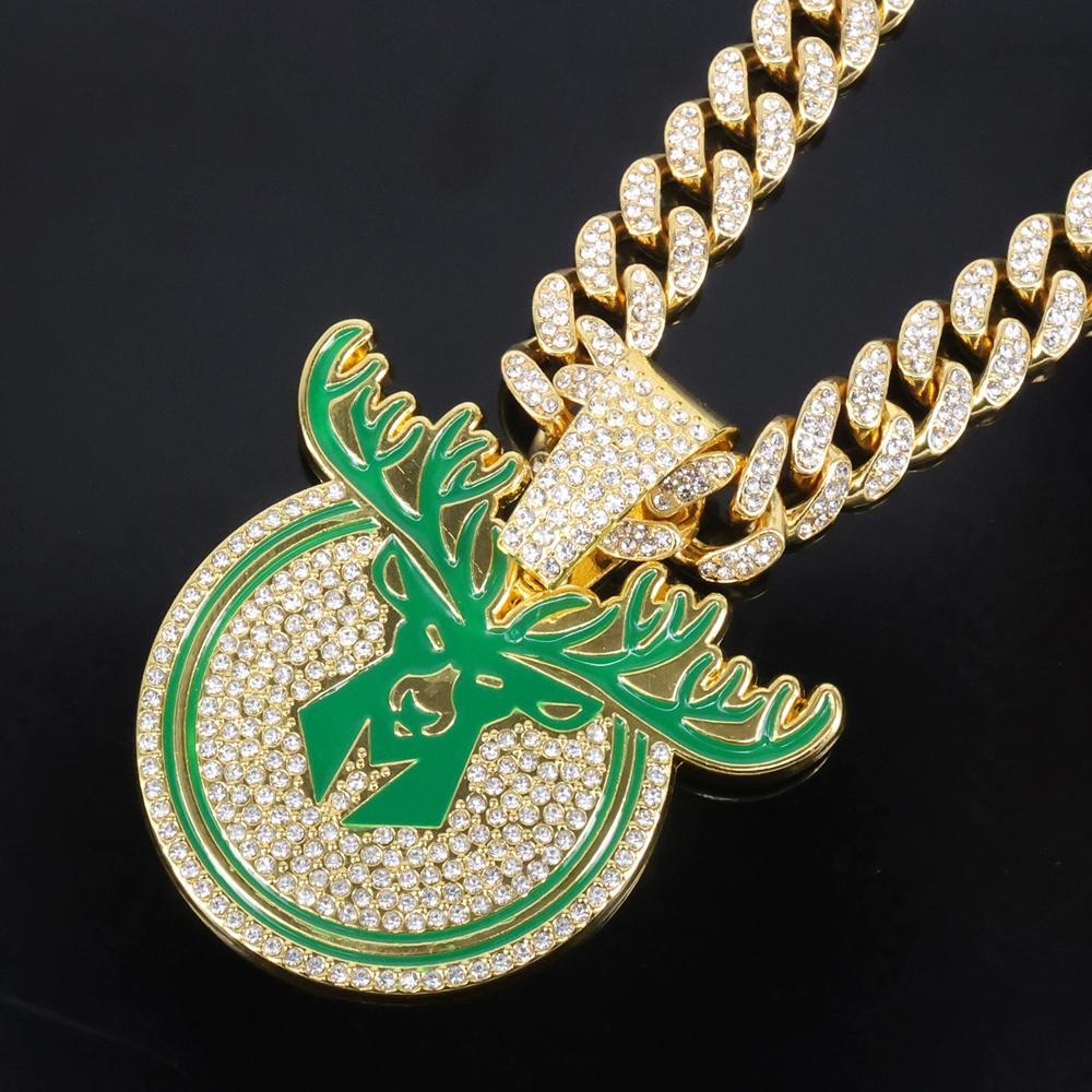 Hip Hop Deer Head Pendant Necklace,with 13mm Crystal Cuban Chain HipHop Iced Out Bling Necklaces Men Women Animal Amulet Jewelry