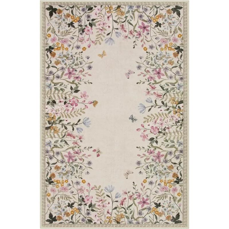 Rug for Bedroom Floral Print Area Living Room Carpet Non-Slip Machine Washable Floor Mat Soft Bedside Rugs
