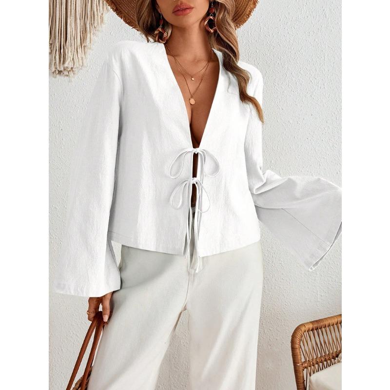 

YYFS Женская мода Повседневная весна-осень Однотонные принты Длинные рукава V-образный вырез Блузки и рубашки XL белый