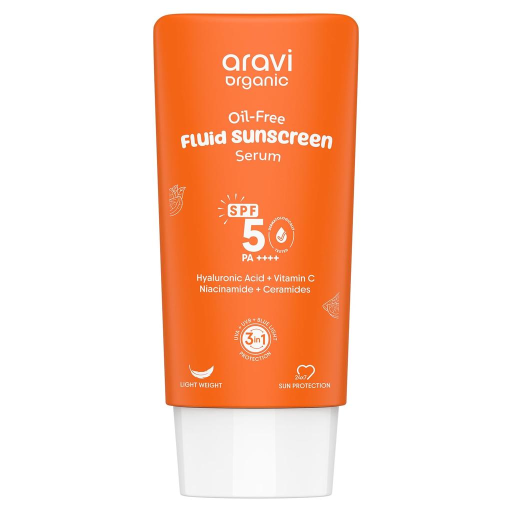Aravi Organic Oil-Free Fluid Sunscreen Serum SPF 50 PA++++ | (In-Vivo) Dermatologically Tested | Ultra-Light, No White Cast | Broad Spectrum & Bl