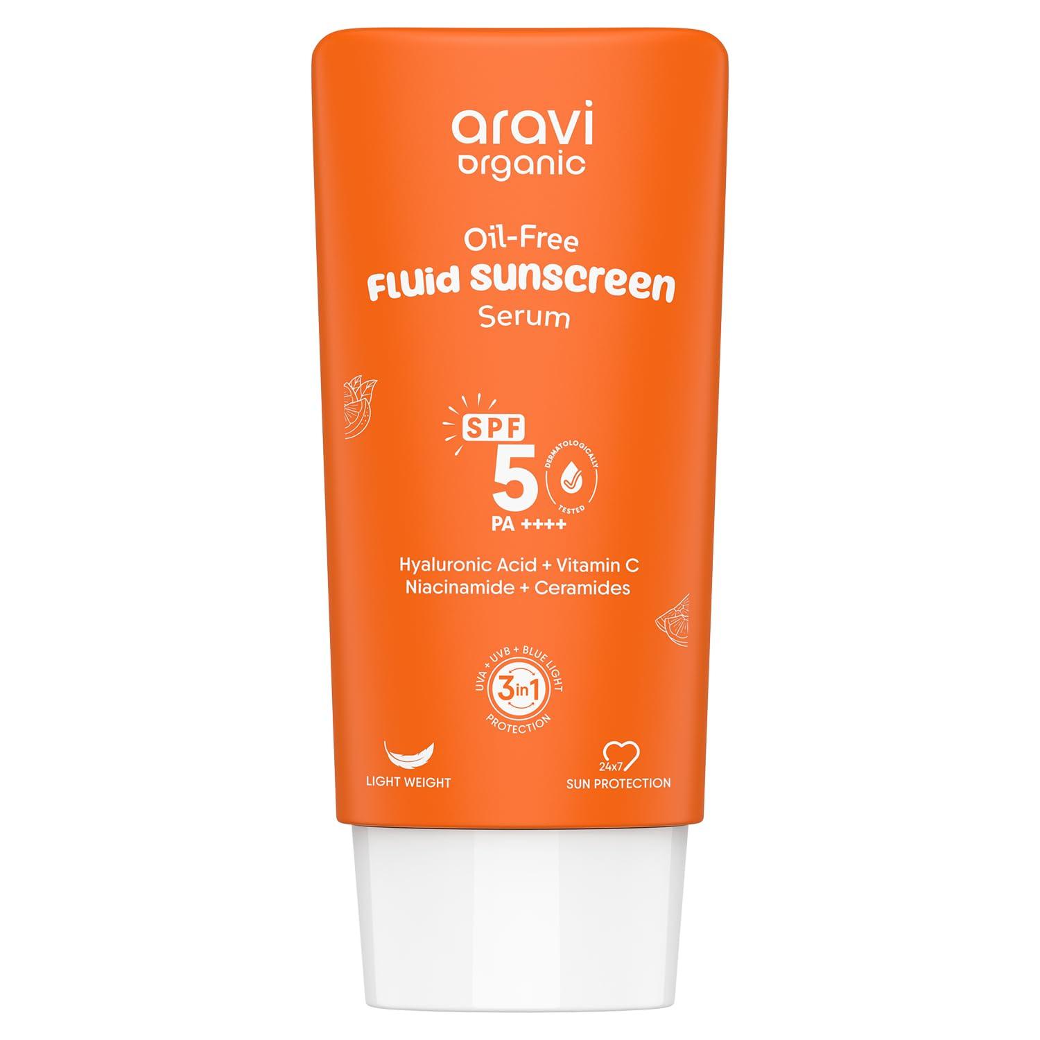 

Aravi Organic Oil-Free Fluid Sunscreen Serum SPF 50 PA++++ | (In-Vivo) Dermatologically Tested | Ultra-Light, No White Cast | Broad Spectrum & Bl