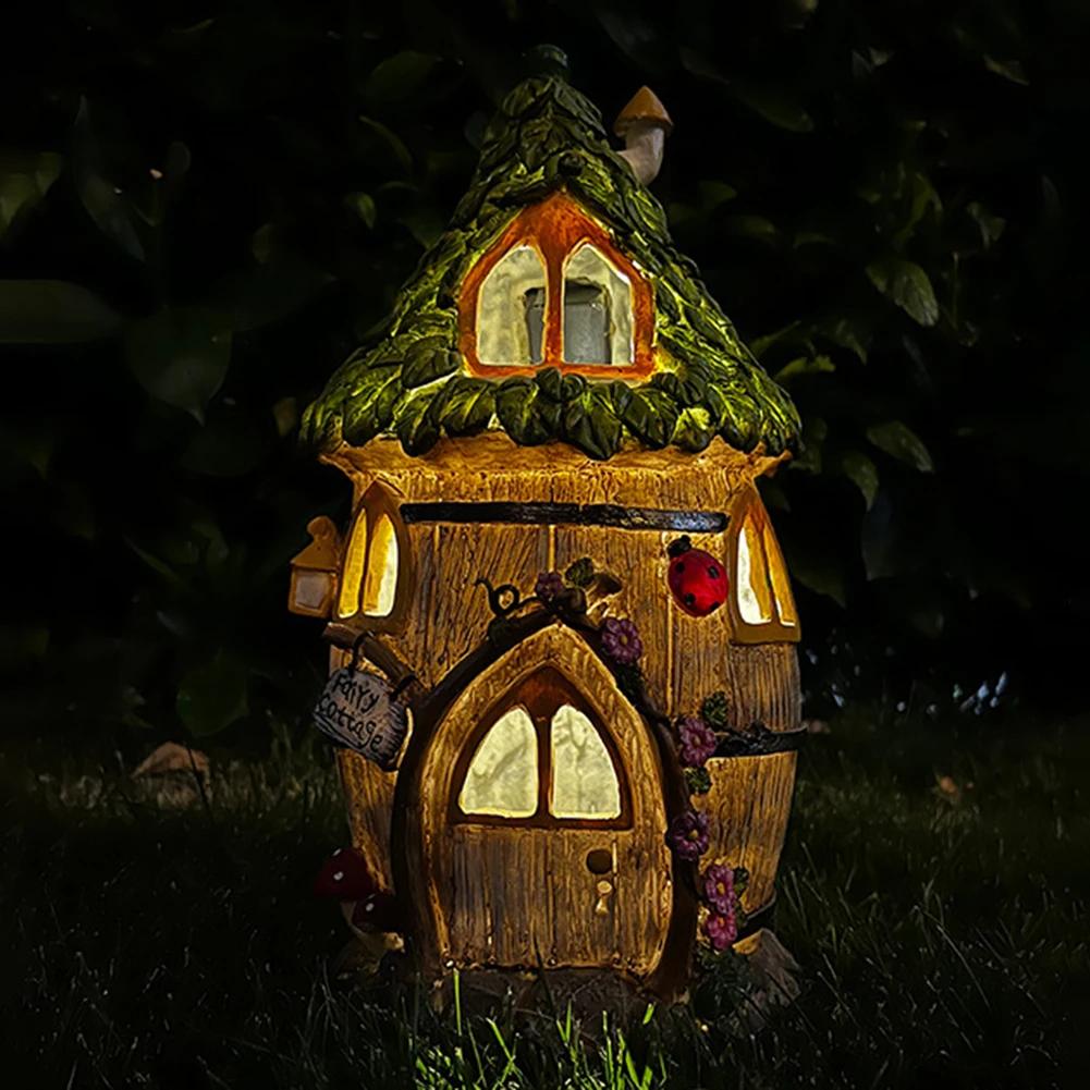 House Statues Outdoor Solar Powered Statue Garden Decor Outdoor Walkway Light House Figurine House Cottage Lamp LED Garden Light