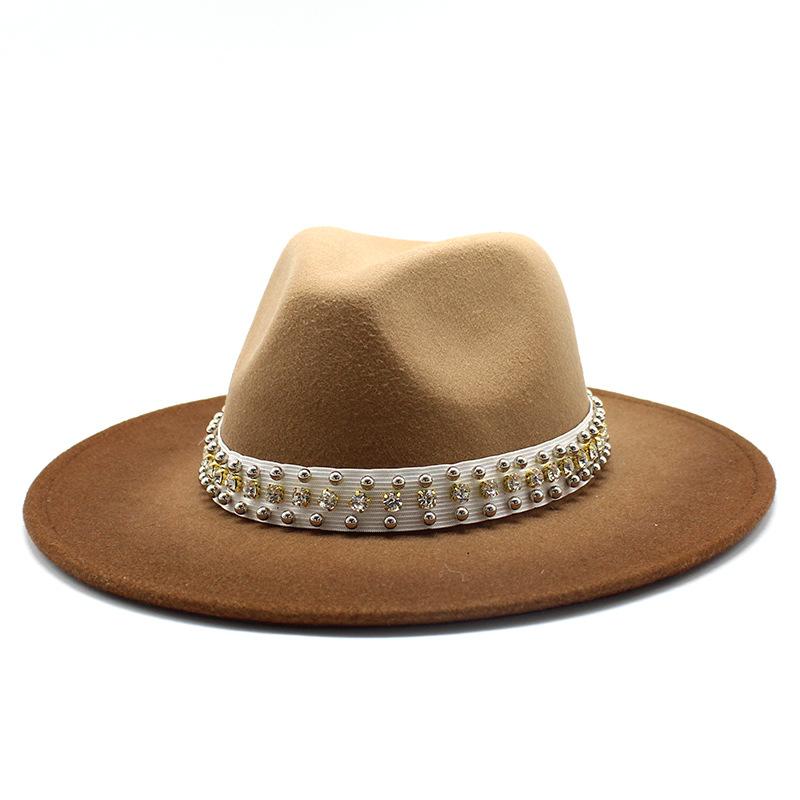 Hat Gradual Change Color Pearl Woolen Hat British Style Jazz Hat Big Brim Hat Ladies Top Hat