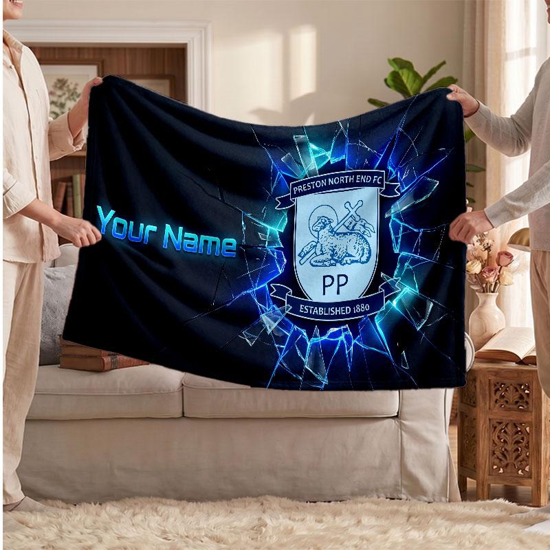 Preston North End Personalized Fleece Blanket With Football Logo, Custom Name Text Soft Warm Home Throw Blanket