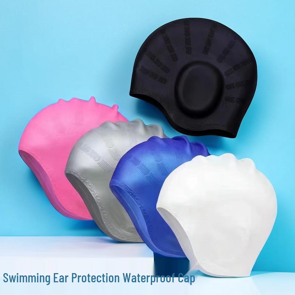 

Женская силиконовая шапочка для плавания большого размера с удобной защитой ушей - Водонепроницаемая и не сдавливающая для взрослых Ear Protection Silicone Cap - Black