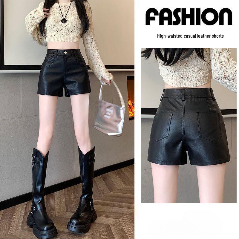 Women's High-Waist PU Leather Shorts - Black, Autumn/Winter 2025, Slimming and Sexy Fit