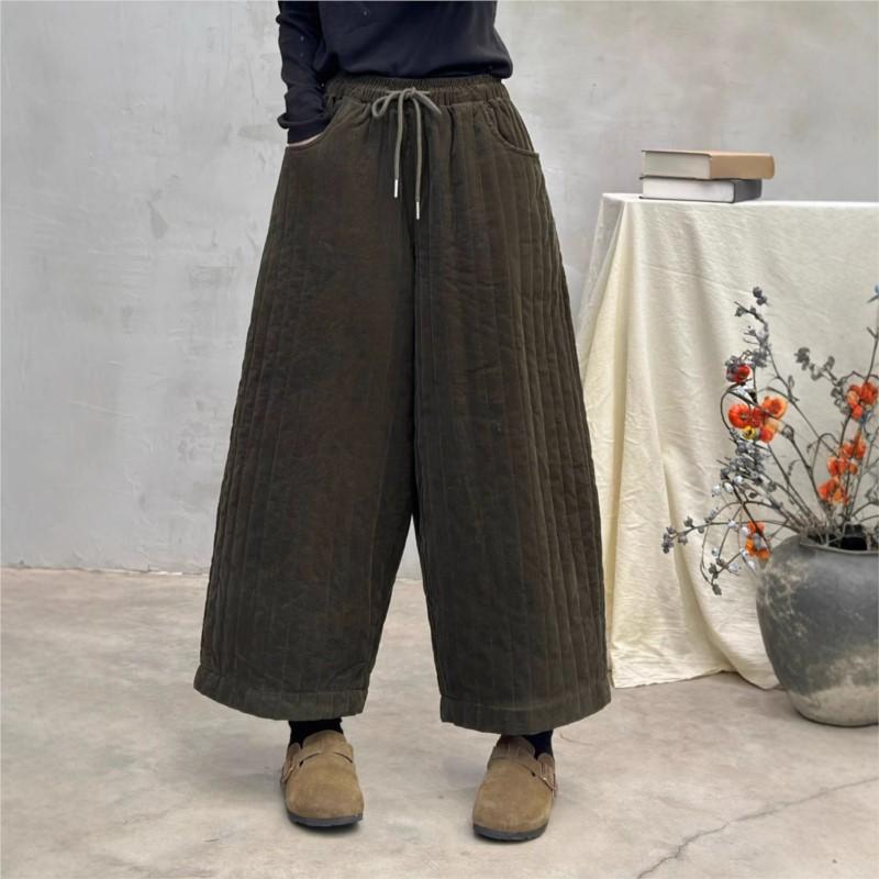 

Johnature Woman Winter Solid Color Elasticated Waist Loose Wide Leg Pants Chinese Style Casual Vintage Style Pants One Size чёрный