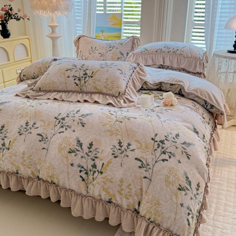 G5Z Winter-Samt Prinzessinnen-Spitzen Bettwäsche-Set - Flanell Bettdecke und Laken, Koralle, Vierteilig.