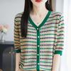 Summer's New Thin Knitted Five-sleeved Cardigan with Contrasting Color Stripes and A V-neck for Women