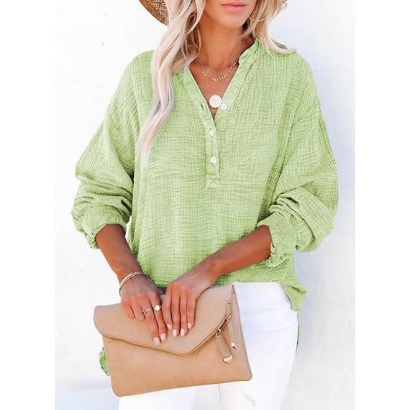 Fashion Long Sleeved Spring Autumn Office Women Shirt Plus Size Pleated Buttons Solid Color Tops Elegant V Neck Casual Simple Blouse Loose Clothing
