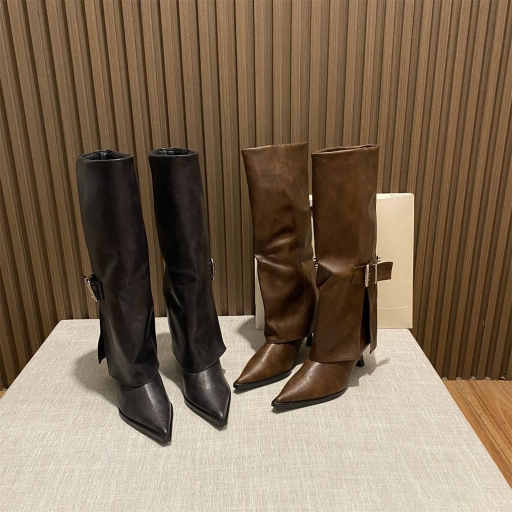 Maillard British style belt buckle thin heel boots women's autumn and winter 2025 new but knee trouser boots