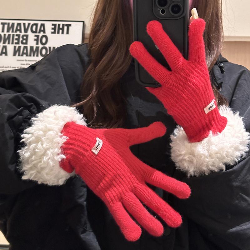 

Модные трикотажные перчатки для сенсорных экранов для женщин, зимние теплые перчатки с плюшевой отделкой, ветрозащитные спортивные варежки для езды на велосипеде, плюшевые утолщенные мягкие перчатки с закрытыми пальцами красный