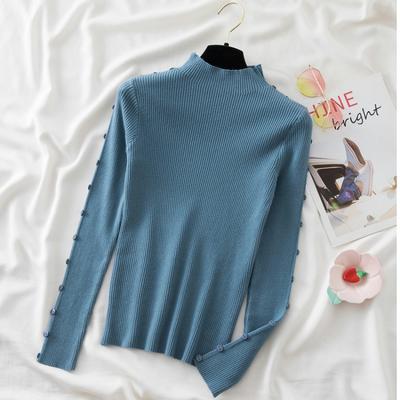 Autumn Winter Casual Slim Warm Base Women's Knitted Sweaters Half High Collar Buttons Pullovers Sweater Woman Fashion Thin Long Sleeve Jumper 25481