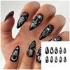 24 Piezas Negras Desmontables Almendra Francesas Cobertura Completa Uñas Postizas Con Líneas Plateadas de Mariposa Stiletto Press On Nails Para Manicura DIY