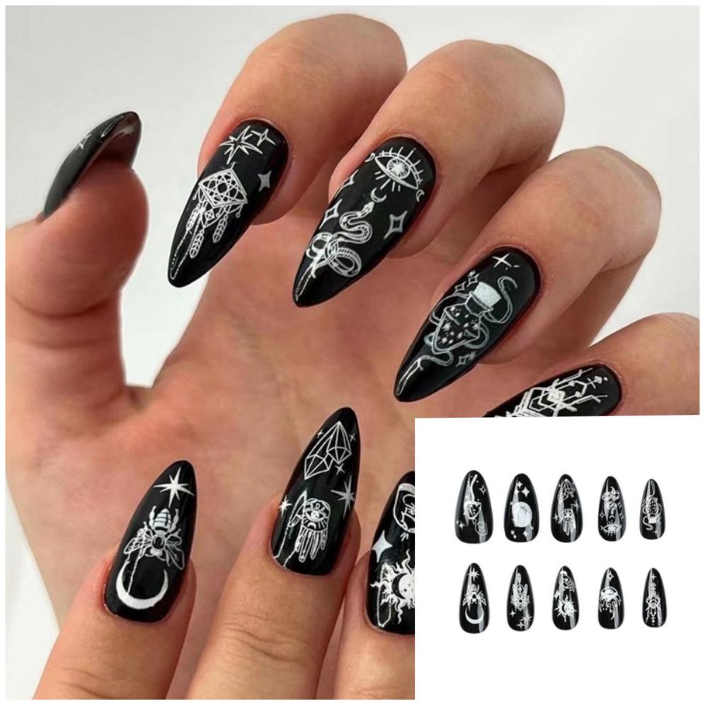 24 Piezas Negras Desmontables Almendra Francesas Cobertura Completa Uñas Postizas Con Líneas Plateadas de Mariposa Stiletto Press On Nails Para Manicura DIY