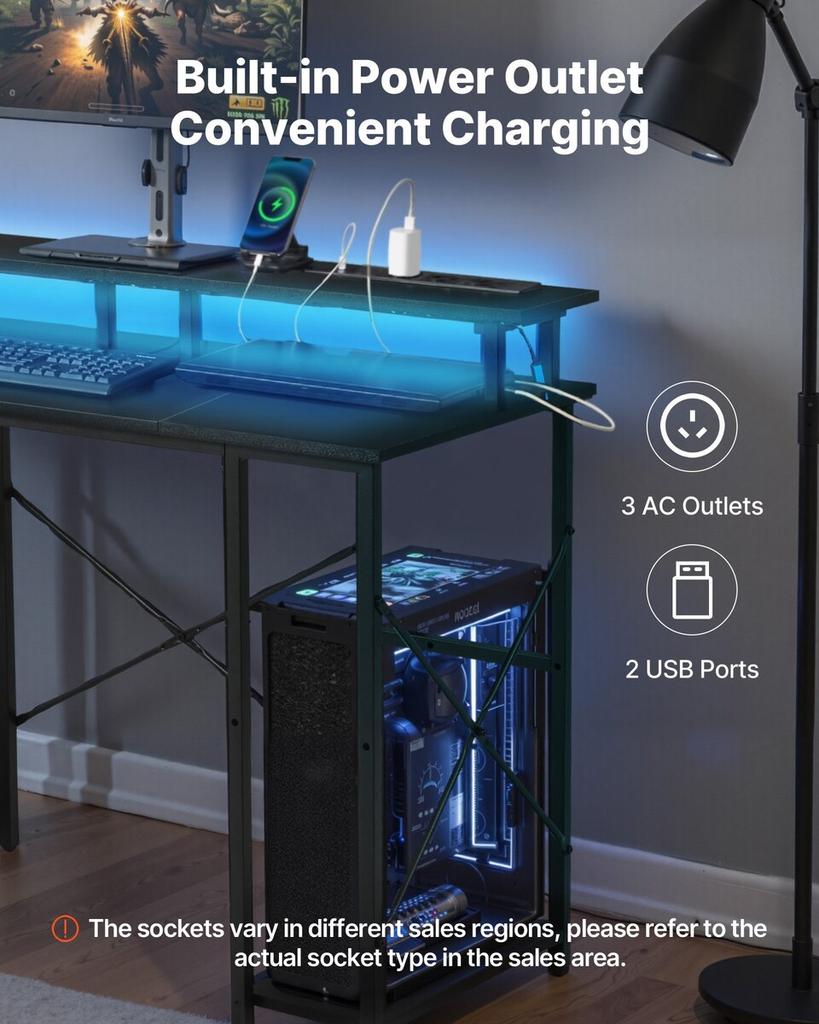 120 cm Computer Desk with Smart LED Lights and Power Outlets, Reversible Gaming Office Desk with Monitor Stand and 2-Tier Storage Shelves, Study Work