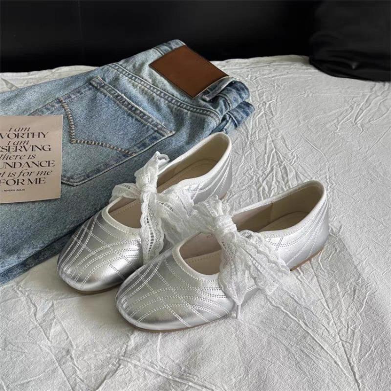 Fashion 2025 New Simple Single Shoes Women's New Round Toe Shallow Mouth Lace Butterfly Knot Soft Knot Mary Jane Flat Single Shoes