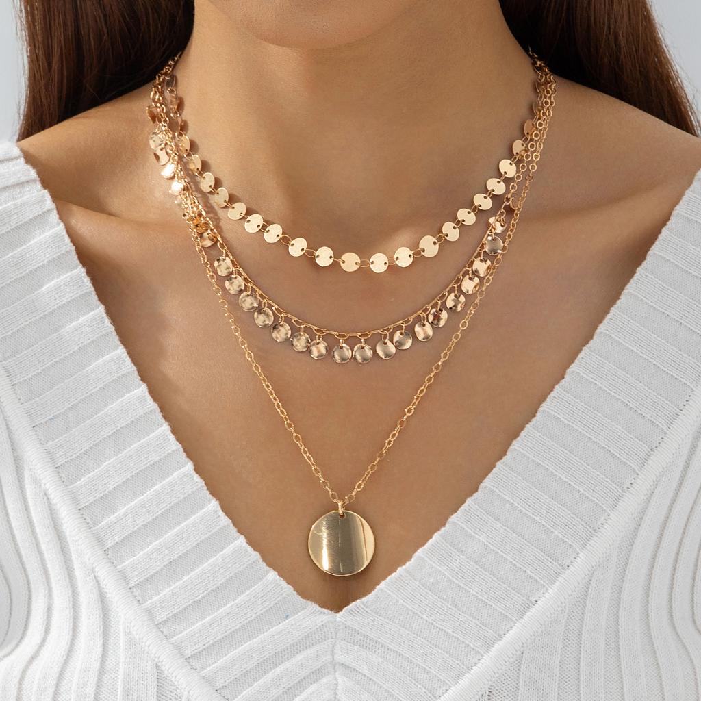 Vintage Bohemian Turquoise Beaded Multi-layer Necklace, Simple Geometric Disc Fringed Four-layer Necklace for Women