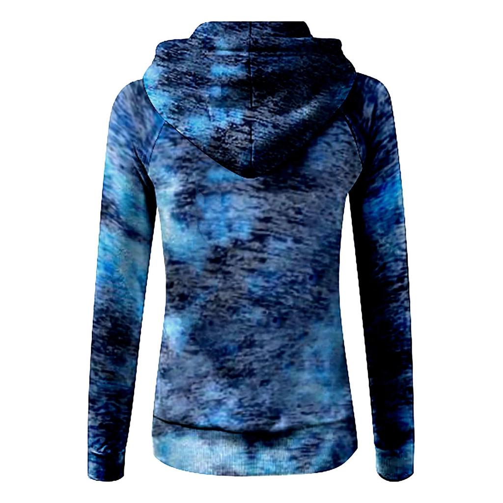 Women Fashion Casual Tie-Dyed Print Zipper Long Sleeve Pocket Loose Coat