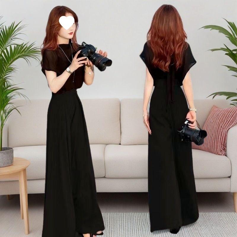 Fashionable Women's Summer Stylish Slimming Chiffon Top Paired with High-waisted Wide-leg Pants - A Beautiful Two-piece Set.