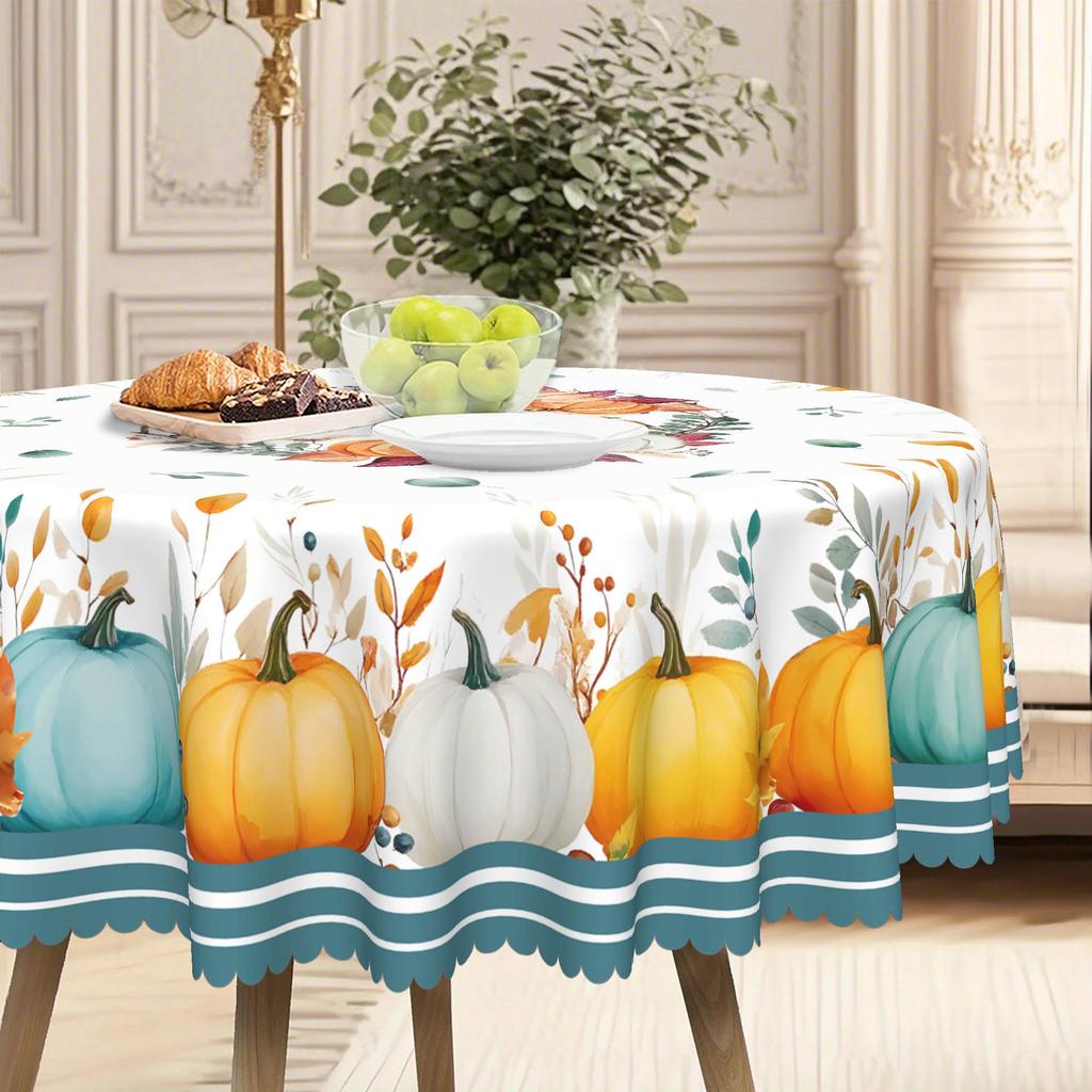 Vintage Pumpkin And Autumn Leaf Tablecloth, Turquoise Pumpkin Pattern Farmhouse Thanksgiving Table Decoration Autumn Home