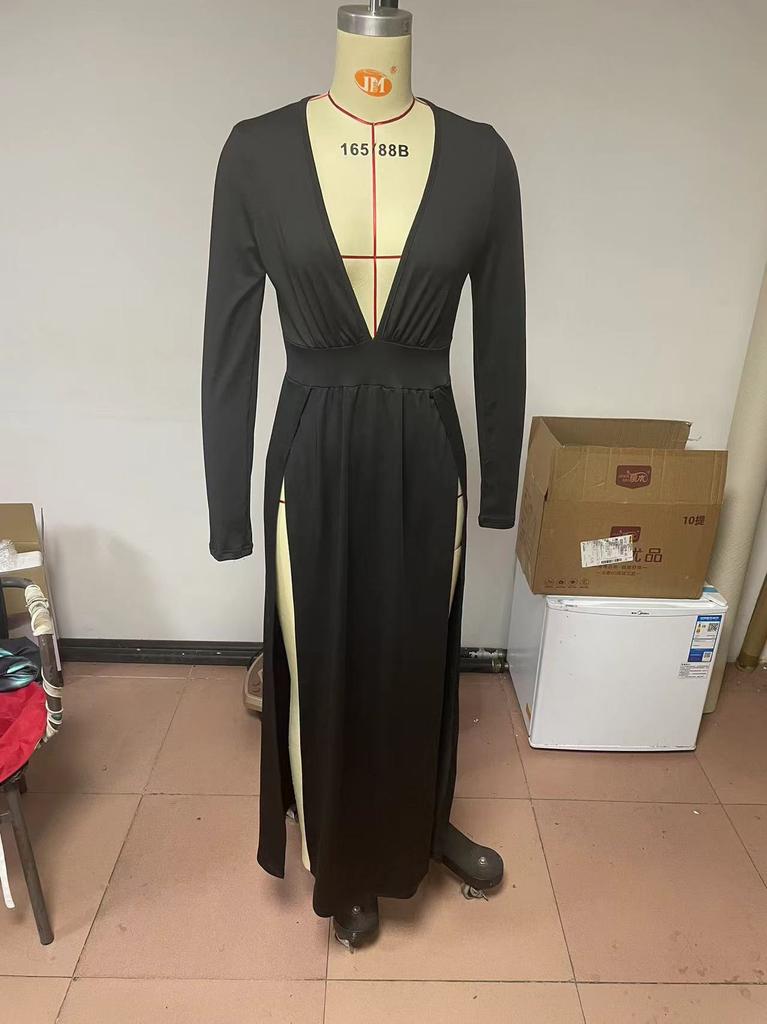Damen V-Ausschnitt Langarm Einfarbiges Maxikleid Lockere Passform Hohe Taille Lässig Westlicher Stil Doppelter Schlitz Partykleid