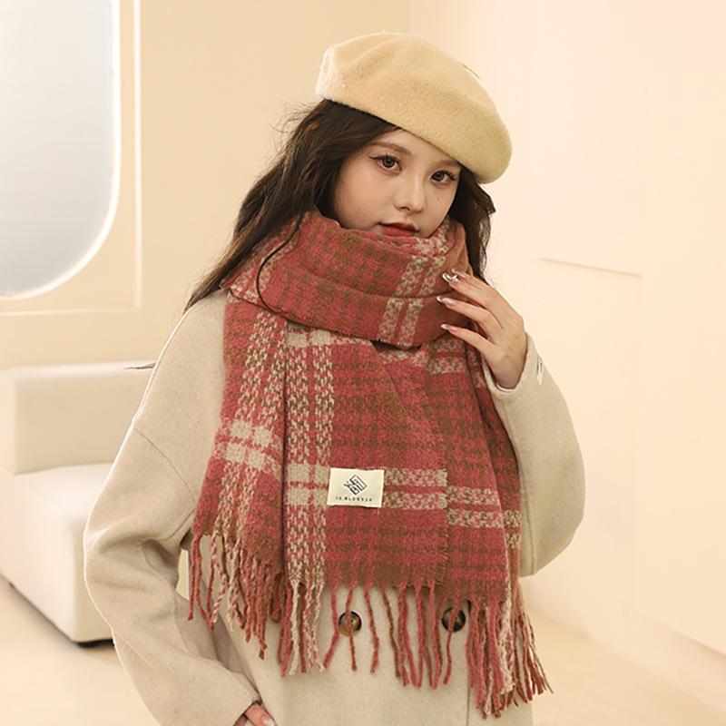 2024 New Winter Imitation Cashmere Checkered Scarf Women'S High End Rose Pink Korean Versatile Retro Warm Scarf