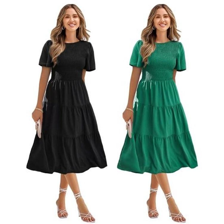 Casual Women s Summer Smocked Pleated Crew Neck Short Sleeve Midi Dress