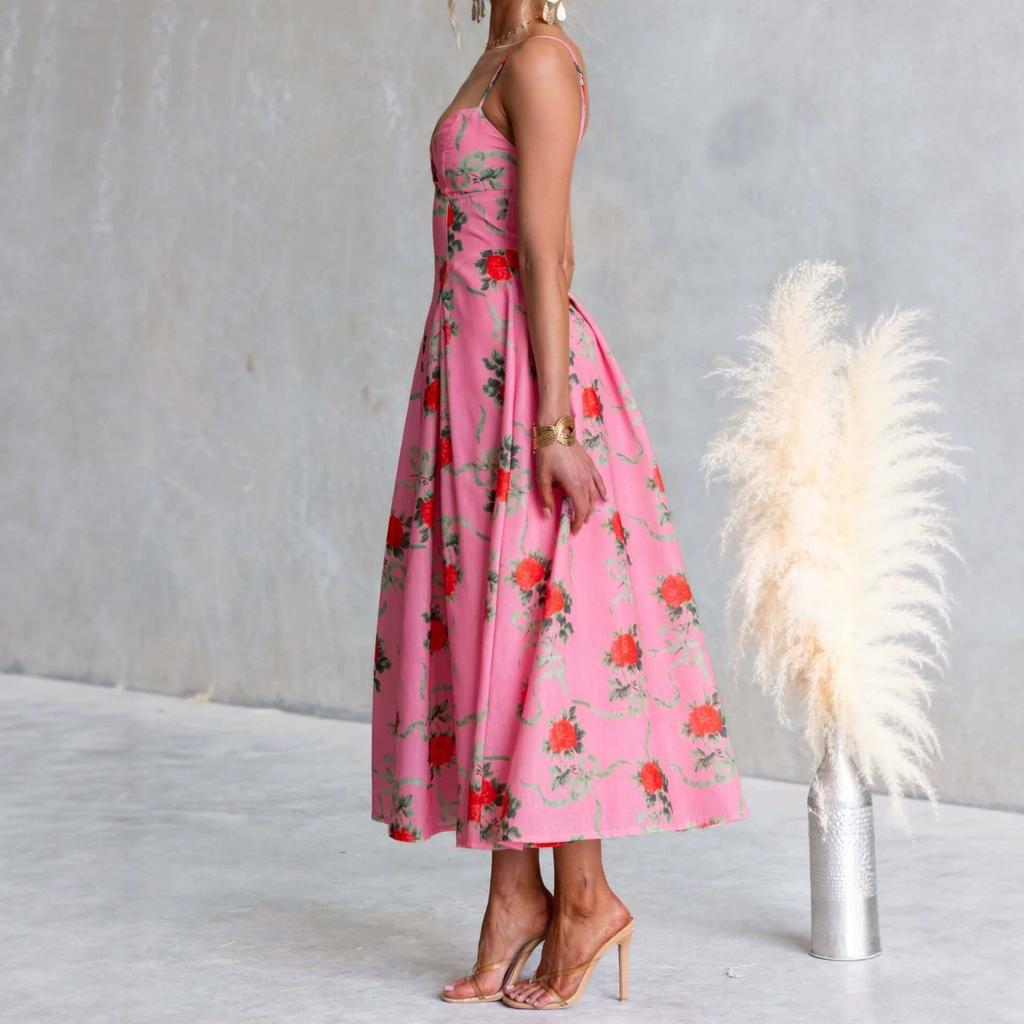 Summer new floral print waist swing dress suspender beach dress women