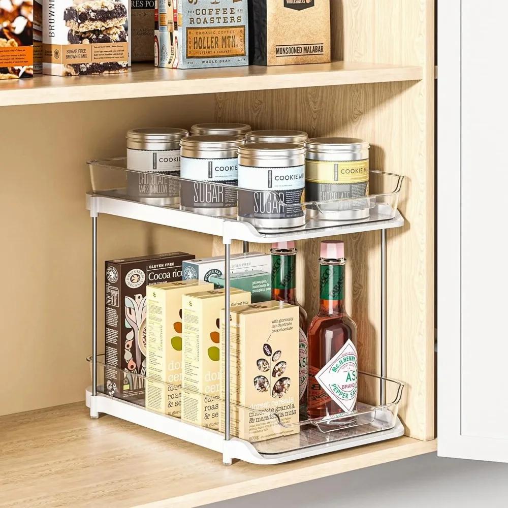 A 2-Tier Multi-Purpose Bathroom Cabinet Organizer, Pull Out Under Sink Storage Shelf Pantry Organization Kitchen Storage Shelf Set