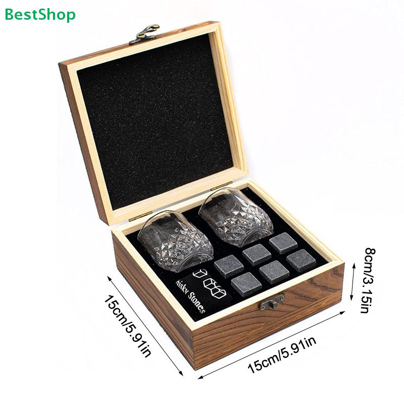 Whiskey Steine Geschenkset mit 2 Kristall Whiskeygläsern - 6 Stück Wiederverwendbare Whiskey Kühlsteine, Holzbox & Aufbewahrungsbeutel