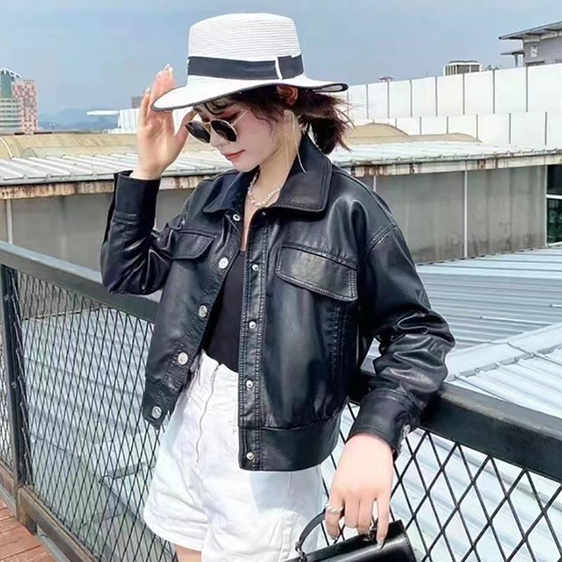 

Повседневная кожаная куртка для женщин, новый стиль, весна и осень, корейский стиль, короткое пальто, высокая талия, тонкая, тонкая, мотоциклетная куртка из искусственной кожи, модная XL