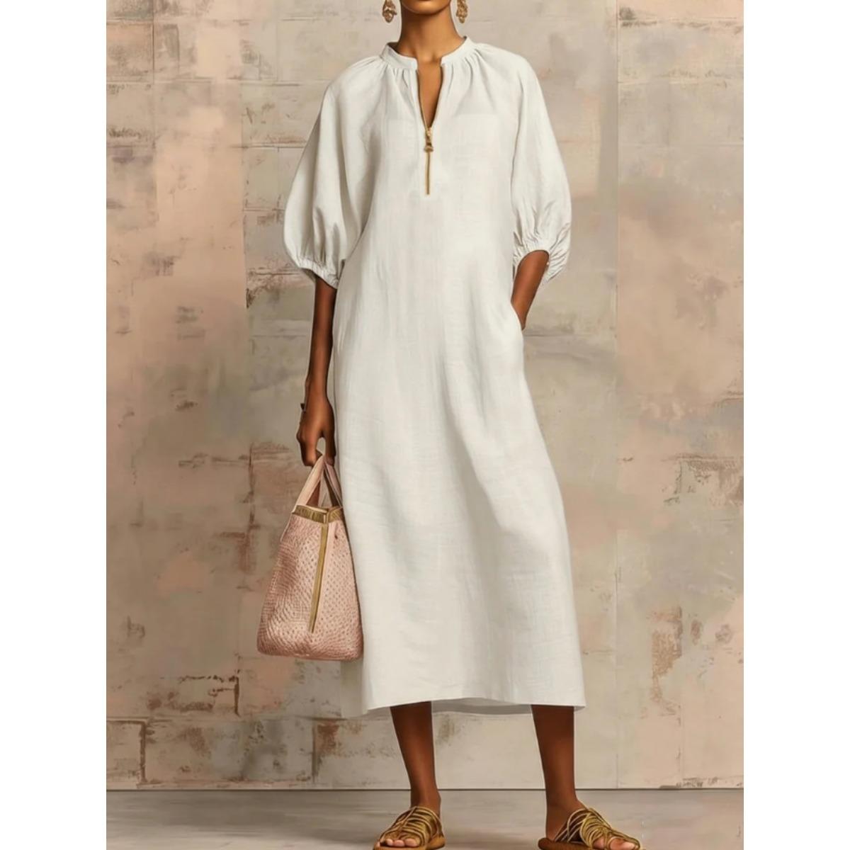 Spring Summer Women s Solid Color Loose Casual Crew Neck Zip Puff Sleeve Dress European American Crossbody Fashion S