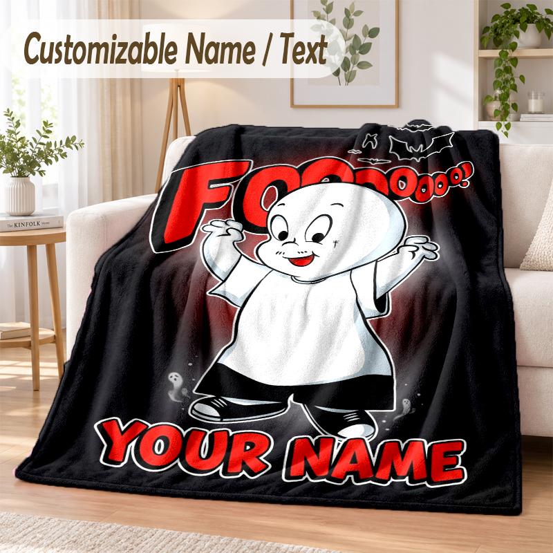 Casper the Friendly Ghost Custom Name Flannel Throw Blanket Soft Warm for Sofa Bed Indoor Home Use