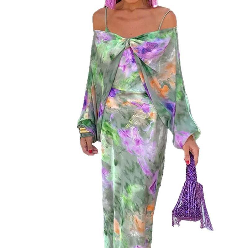 Abito da Donna Moda Completo Elegante Tie-dye Manica Lunga Sciarpa Gilet Gonna