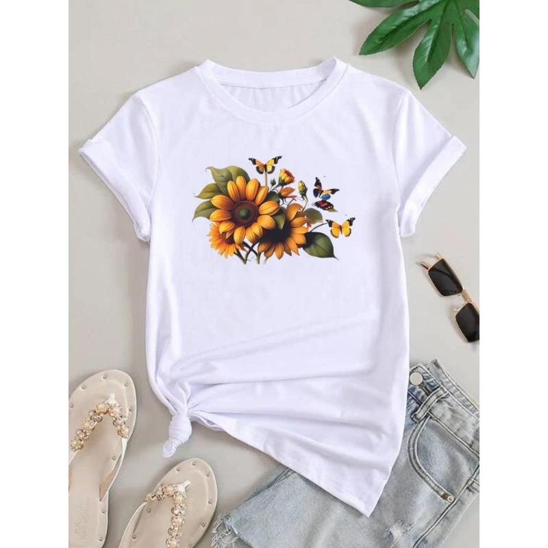 (European Size) Lovely Cute Women Letter Flower Tee Top Clothing Casual Short Sleeve T Shirt Fashion Print Lady Female Graphic T-shirts