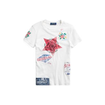 Polo Stampa Stella Lettera Applicata Design Ricamato Floreale Girocollo Manica Corta T-shirt Top da Donna Bianco WMPOKNINCU20406
