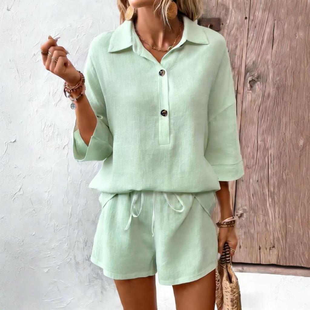 Fashionable Women's Color Cotton And Linen Lapel Short Sleeved Slim Belt Shorts Casual Set