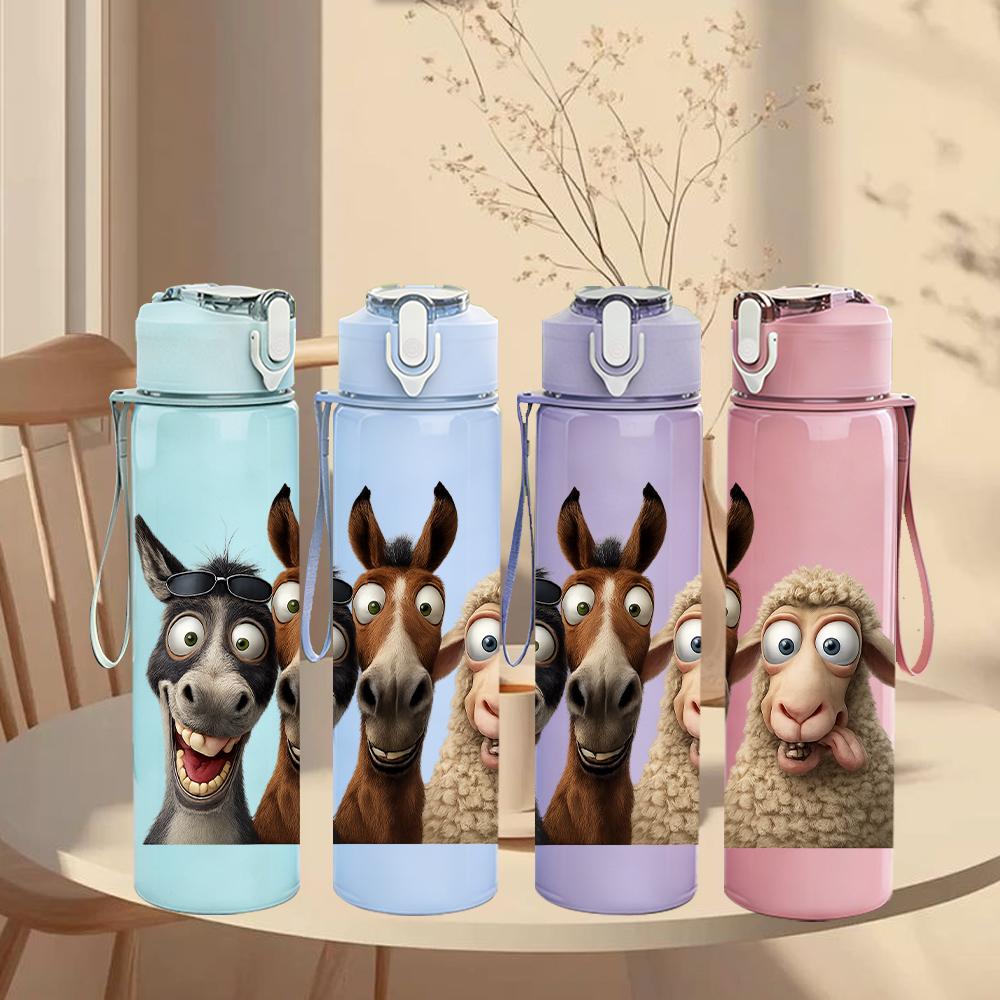 1PC Donkey Sheep Cartoon Duo 750ml Color Plastic Sports Water Bottle Leakproof Flip Straw Lid For Sports Office Home Use
