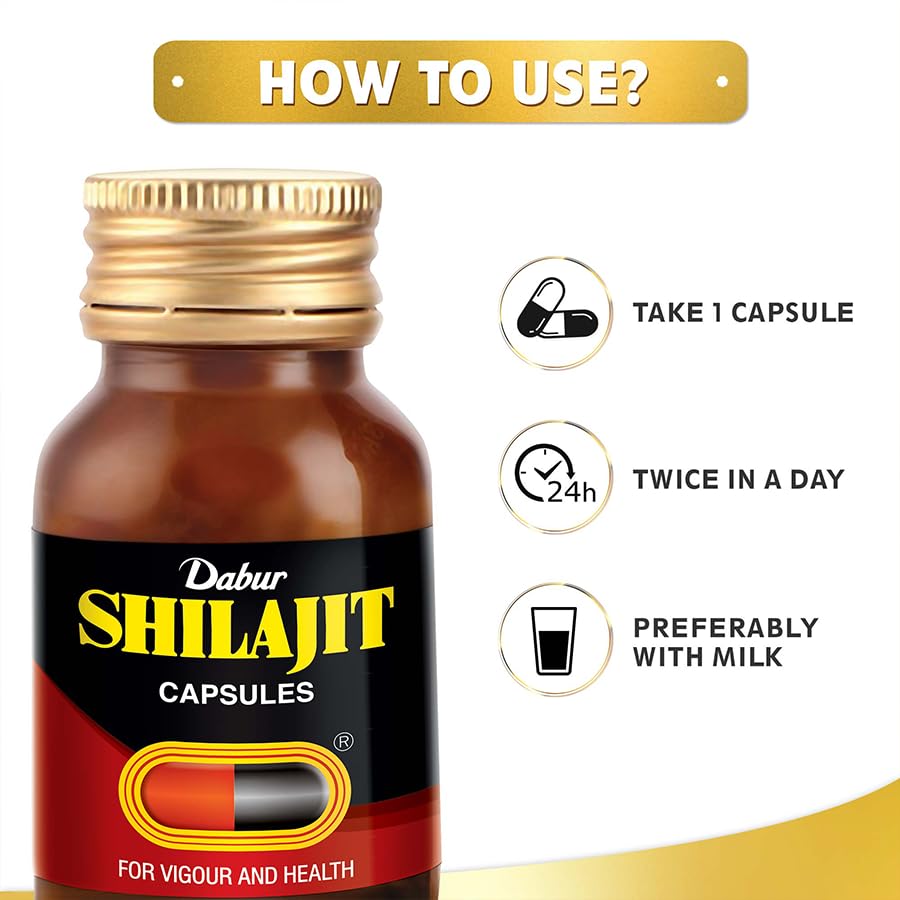 Dabur Shilajit Ayurvedic Capsules Pure Shilajit Capsules for Strength Stamina Vigour Immunity Support 30 Capsules
