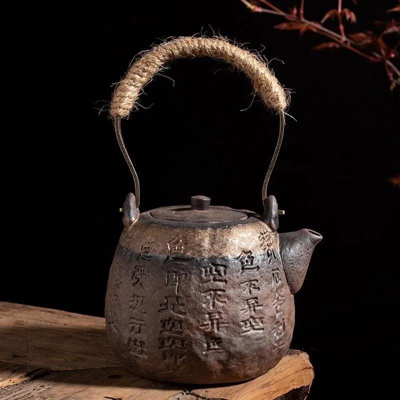 Handmade Gilded Top-Handle Teapot – Vintage Style Pottery Teapot for Home Use