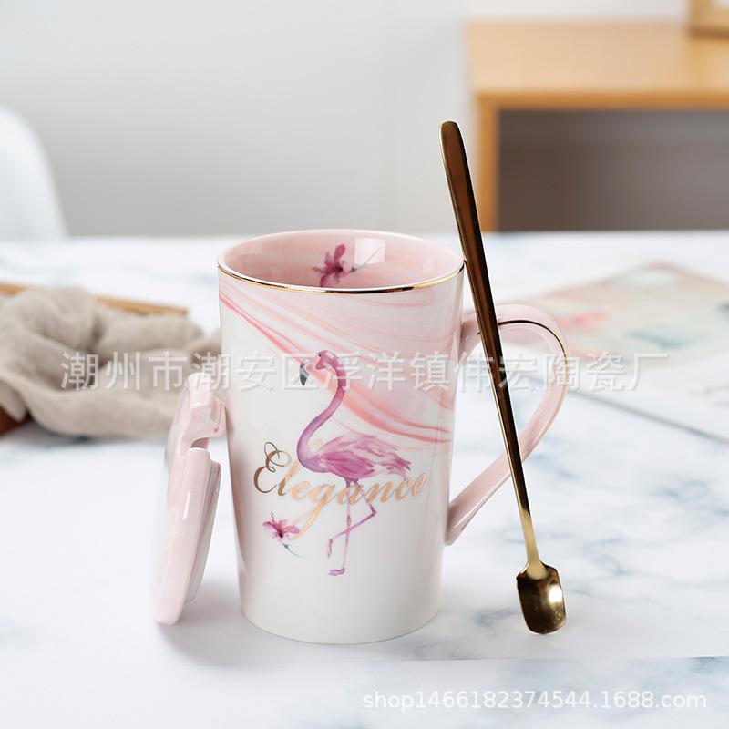Flamingo With Lid Spoon Marble Pattern Ceramic Water Cup Couple High Value Creative Coffee Cup