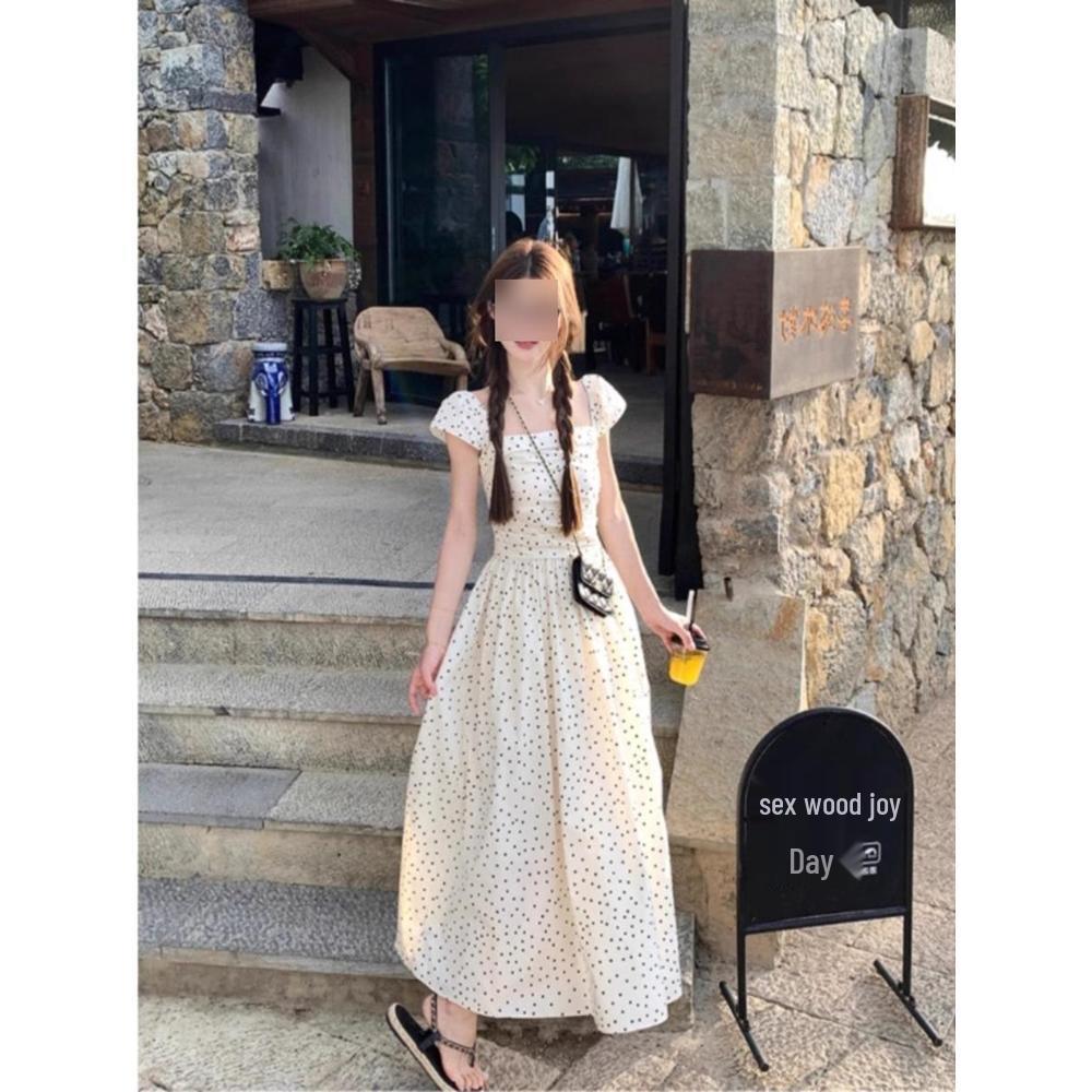 

Women s French Polka Dot Cap Sleeve Dress - Spring Slimming High-End Long Design M (45-50kg)