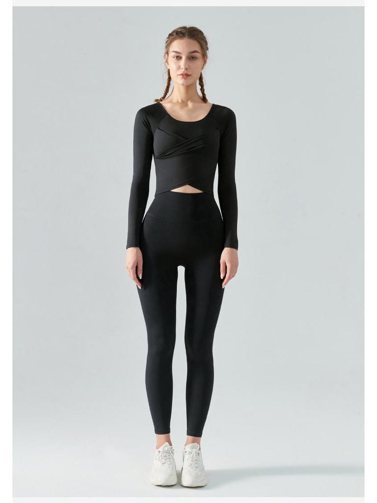 Autumn/Winter Slimming Yoga Top with Built-in Bra and Cross-Pleated Design - Long Sleeve Fitness Wear for Women