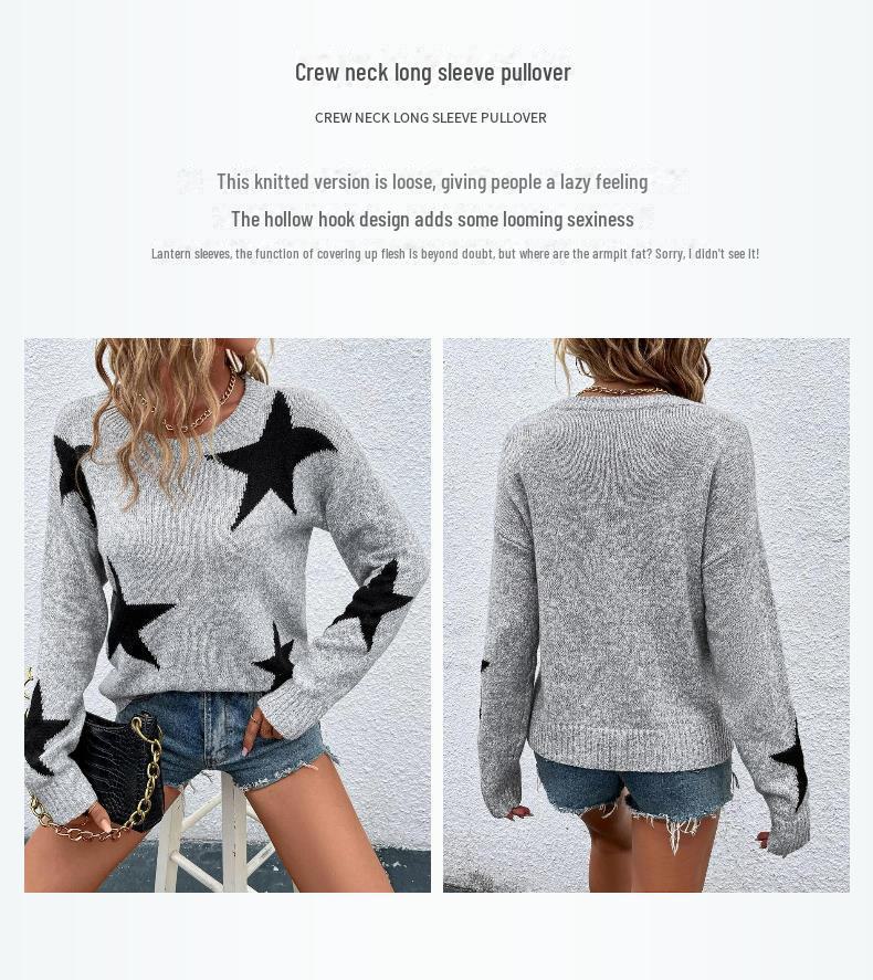 Damski sweter dzianinowy żakardowy pięciogwiazdkowy europejsko-amerykański na wiosnę i jesień, z okrągłym dekoltem i długim rękawem