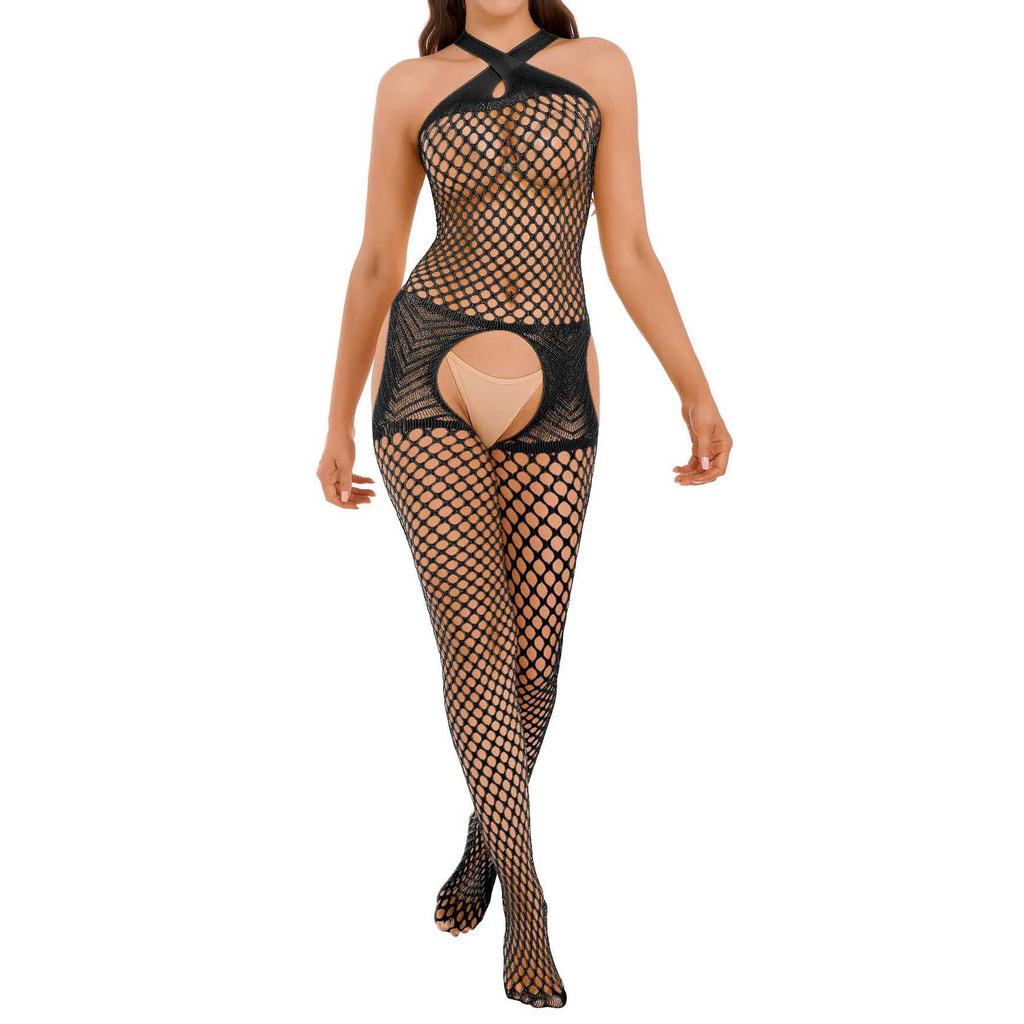 Womens Fishnet Bodystocking Hollow Out Design Cross Halter Neck Clubwear