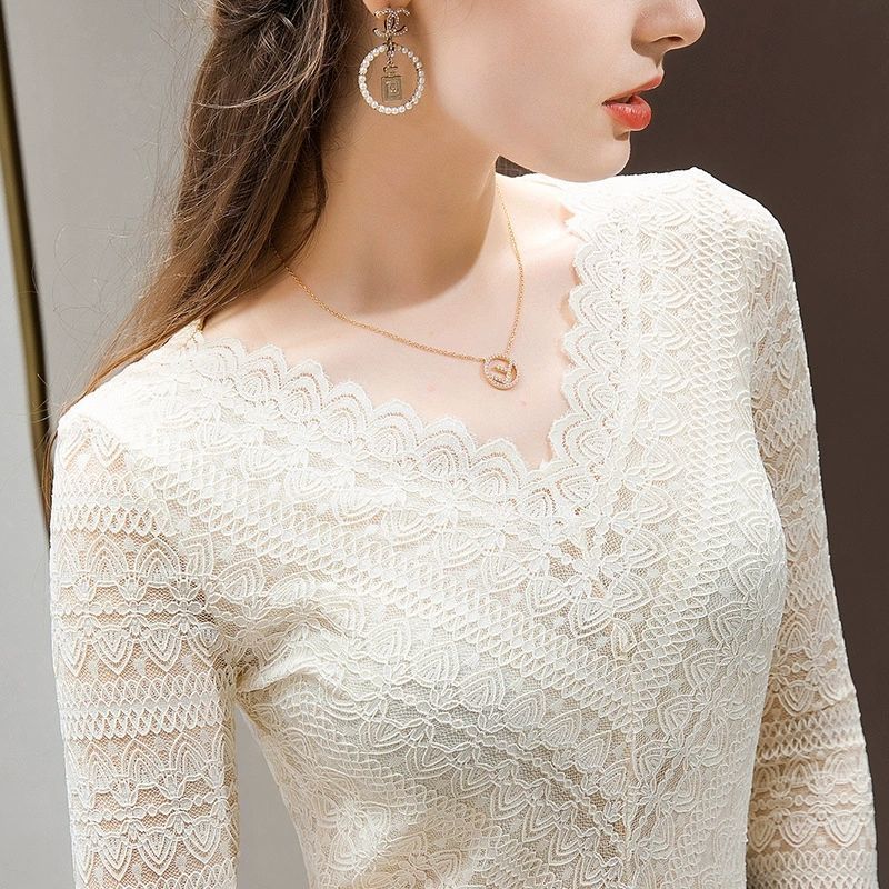 Herbst und Winter Langarm Basis Hemd Mesh Spitze V-ausschnitt Hohl Spitze Frauen