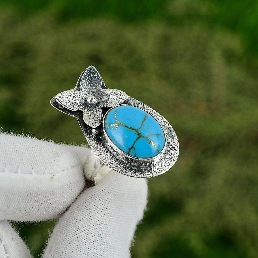 Friendship Day Deal Natural Copper Blue Turquoise Stackable Wife Ring 925 Silver Adjustable